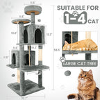 58.5inch Large Cat Tree Tower Condo for Indoor Cats, Soft Plush Multi-Level Climbing Tree Cat House, Scratching Post, More Entrance/Exit, Sisal Rope, Grey