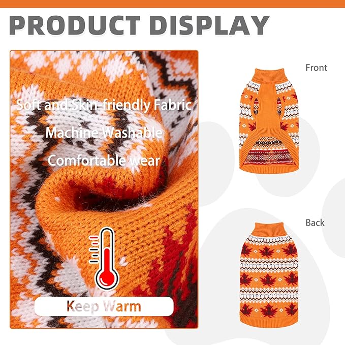 KOOLTAIL Cable Knit Dog Sweater Turtleneck, Cold Weather Pullover Classic Knitwear, Thick Warm Winter Pet Clothes, Fall Maple Leaves Thanksgiving Dog Sweater for Small Medium Large Dogs Cats,Orange ML
