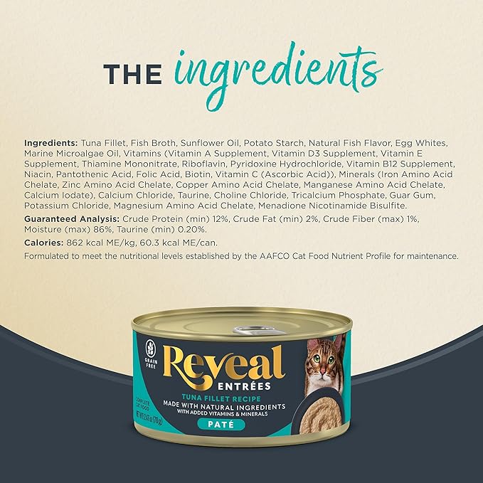 Reveal Entrées Natural Wet Cat Food Paté, Grain-Free with Added Vitamins & Minerals, Carrageenan-Free Protein, Tuna Fillet Paté Recipe (24 x 2.47 oz Cans)