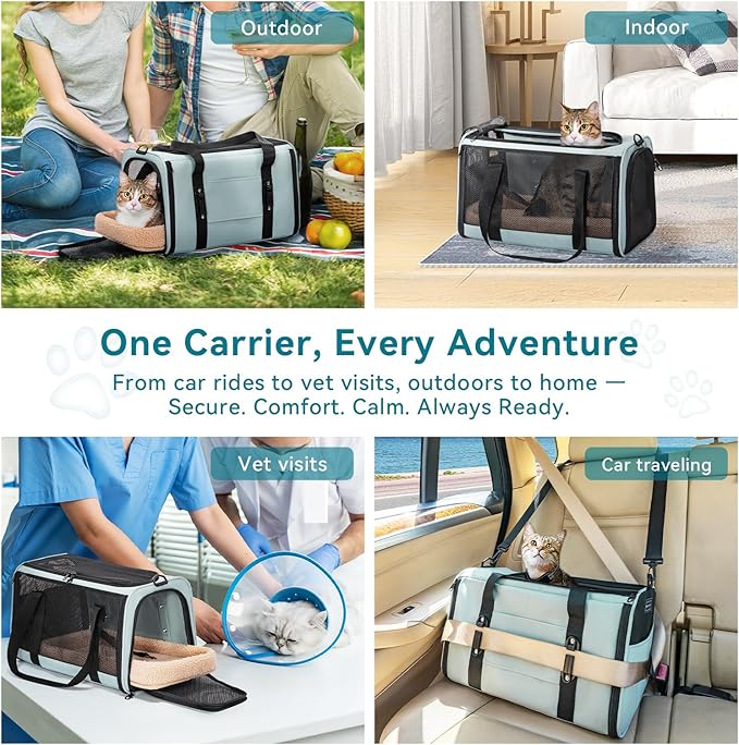 Petsfit Pet Carrier for Large and Medium Cats, Large Capacity Lightweight Soft-Sided Pet Carrier for Travel, with Adjustable Shoulder Strap, Locking Zipper Head and Washable Fleece Pad,Green