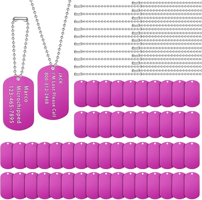 Yinkin 200 Pcs Personalized Military Dog Tags Set Including 100 Pcs Aluminum Blank Dog Tags for Engraving 100 Ball Steel Chain Rectangle Metal Blank Stamping Label for DIY Craft(Purple)