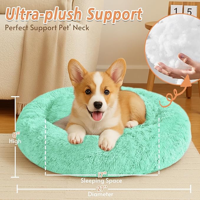 JOLLYVOGUE Calming Dog & Cat Bed for Small Dogs, Anti-Anxiety Donut Cuddler Cozy Soft Round Bed with Anti-Slip Bottom, Fluffy Faux Fur Plush Cushion Beds for Small Medium Dogs (27")