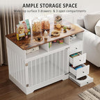 48'' Dog Crate Furniture, Farmhouse Heavy Duty Dog Kennel with Bowl & Storage Drawers, Medium Dog Cage End Table for Small Medium Dogs, White
