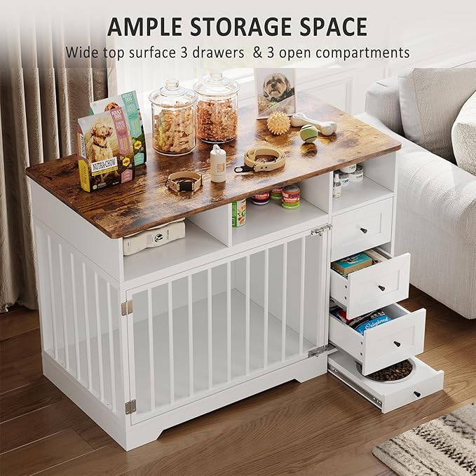 48'' Dog Crate Furniture, Farmhouse Heavy Duty Dog Kennel with Bowl & Storage Drawers, Medium Dog Cage End Table for Small Medium Dogs, White