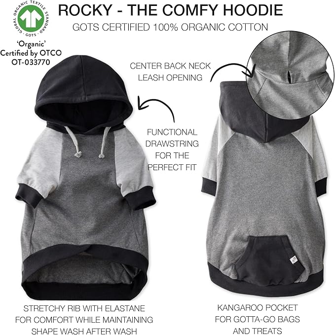 Rocky – The Orginal Lightweight Hooded TEE 100% Organic Cotton Dog Hoodie Pet Coat Sweater for Small, Medium, Large Dogs, Black Color Block, Medium