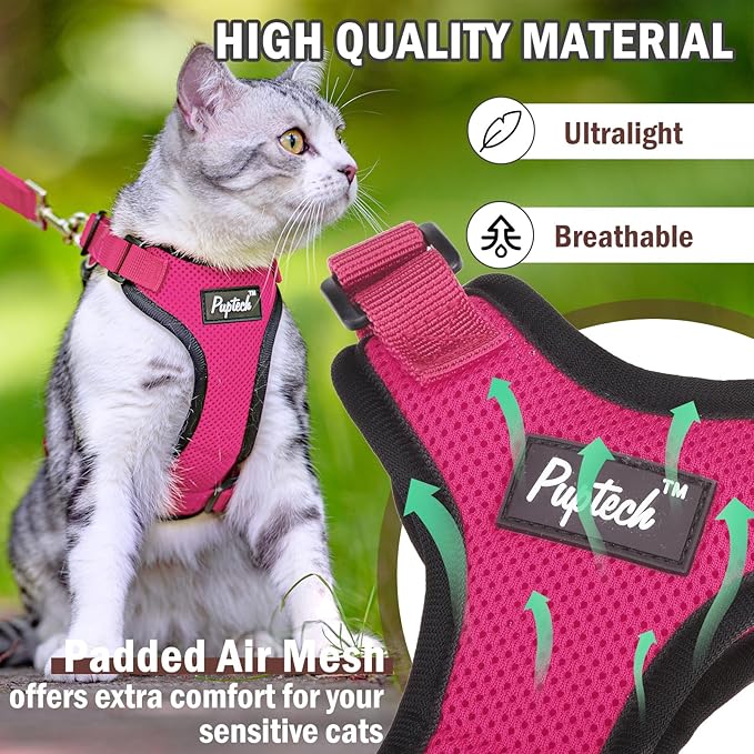 PUPTECK Cat Harness and Leash Set Escape Proof for Walking, Breathable Mesh Vest Adjustable Harness for Cats Puppy Small Animals, Reflective at Night, Fuschia Medium