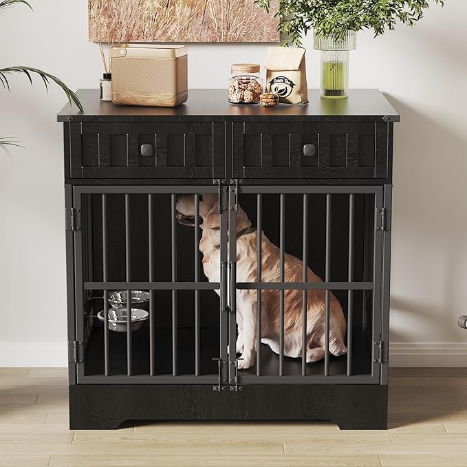 Dog Crate Furniture with 2 Drawers, 35.1" Indoor Wooden Animal Kennel with Detachable & Adjustable Feeder 2 Bowls, Large Medium Small Dog Cage End Table (Advanced Black)