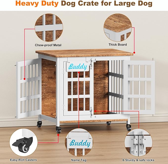 EasyCom 27"/33" Heavy Duty Dog Crate Furniture with Name Tag, Dog Kennel Indoor for Small Dogs, Double-Doors Sturdy Metal Dog Cage for Anxiety Dog, Decorate House as TV Stand, End Table, Bedside Table
