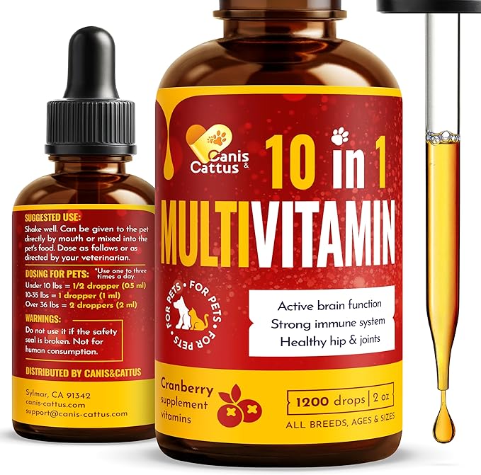 Canis&Cattus 10-in-1 Multivitamin for Dogs and Cats – Daily Glucosamine, Vitamin B, C & D3 Support - Liquid Supplement with Cranberry & MSM – 2 oz