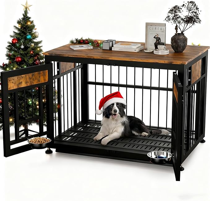 Dog Crate Furniture End Table 38 Inch Hidden Kennel Cabinet with Removable Tray, Thickened Metal Frame Dog Cage, Dual-Purpose Pet House & Nightstand for Living Room