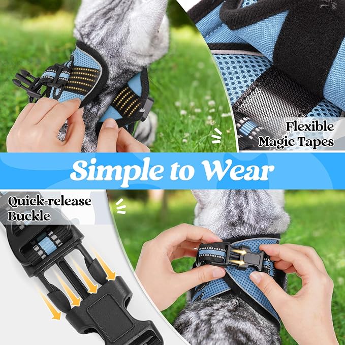 rabbitgoo Cat Harness and Leash Set for Walking Escape Proof, Adjustable Soft Kittens Vest with Reflective Strip for Cats, Comfortable Outdoor Vest, Light Blue, L
