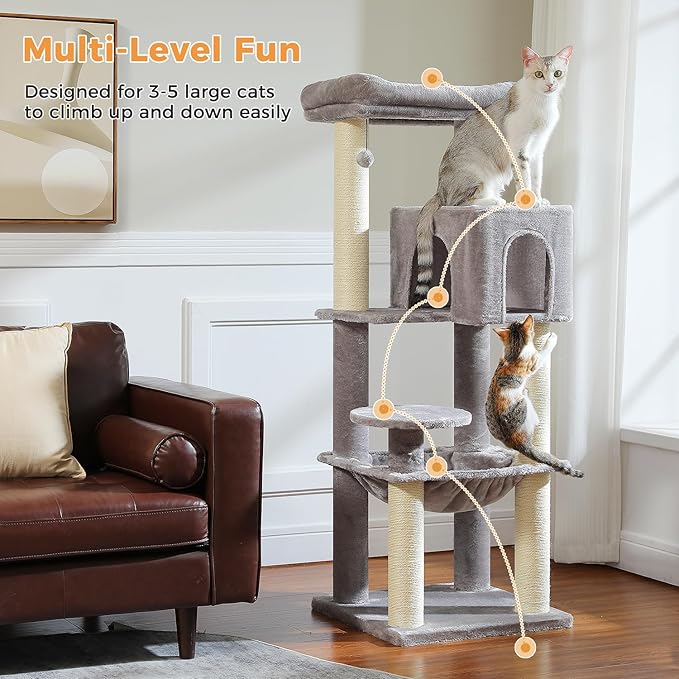 PETEPELA Cat Tree for Large Cats up to 30 lbs, 58" Heavy Duty Cat Tower with Reinforced Scratching Posts[ φ3.1”], Large Hammock, Spacious Condo & Top Perch, Sturdy Cat Furniture for Maine Coons, Grey