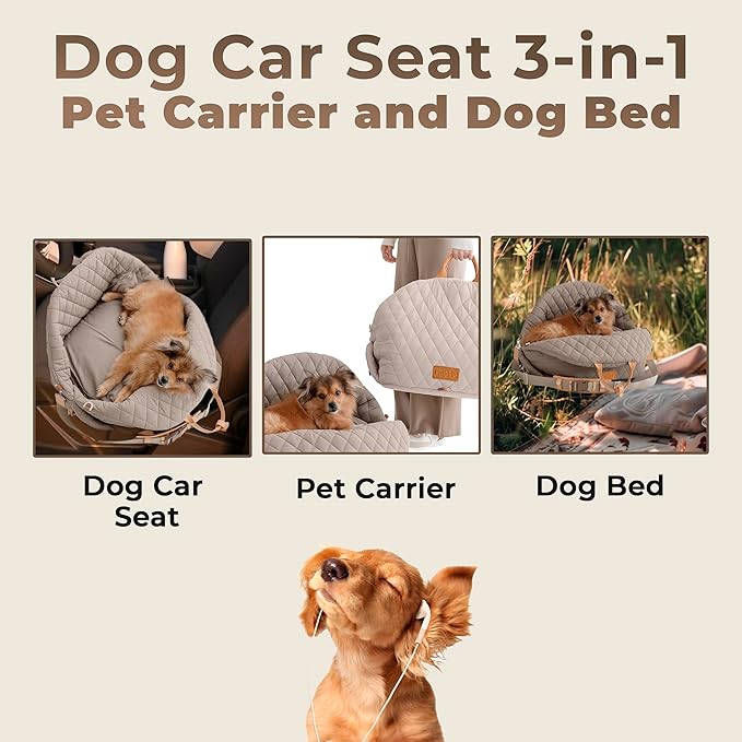 Dog Car Seat for Small Dogs – 3-in-1 Travel Carrier, Booster & Dog Bed for Car – Washable, Anti-Slip, Safety Straps – Fits Front & Back Seats – Cozy Pet Car Seat up to 25 lbs – Grey