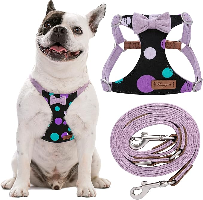 Puppytie No Pull Dog Harness with Multifunction Dog Leash,Soft Adjustable No Choke Escape Proof Pet Harness Vest for Medium Dogs,Polka dots Taro Purple,M