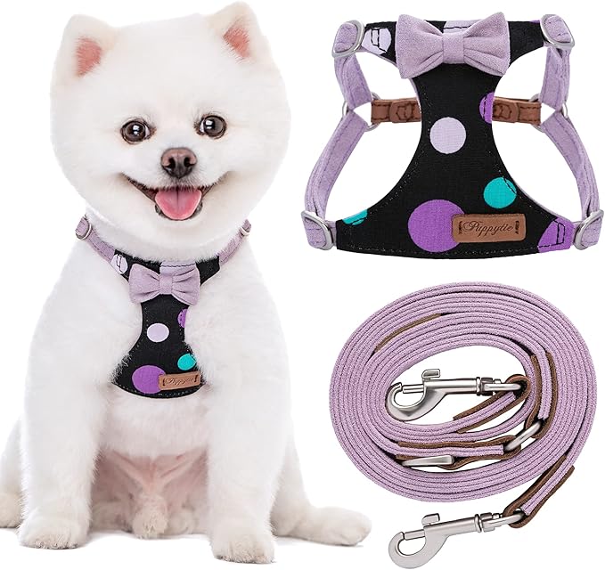 Puppytie No Pull xs Dog Harness with Multifunction Dog Leash,Soft Adjustable No Choke Escape Proof Pet Harness Vest,Polka dots Taro Purple,XS