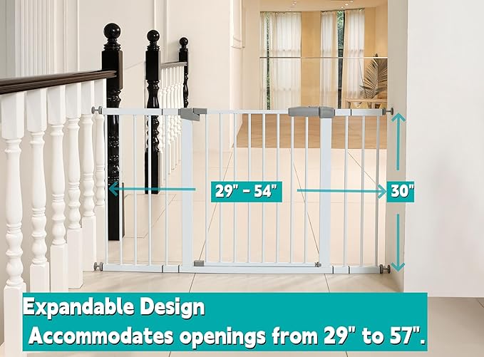 29"-57" Baby and Pet Safety Gate, 30" Tall Metal Walk-Thru Gate for Doorways & Stairs, Easy One-Hand Open, Dual Lock, Extensions & Wall Mounts Included (White, 29"-54" W x 30.5“H)