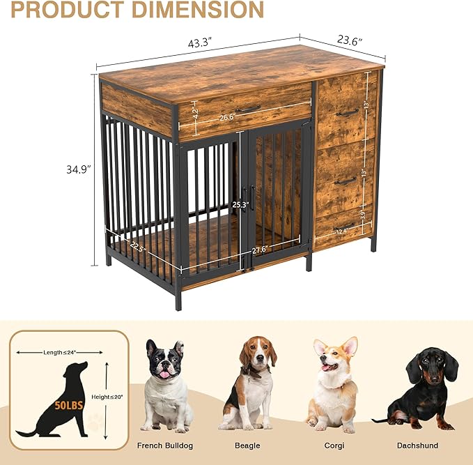 VECELO Dog Crate Furniture, 43 inch Wood Dog Crate End Table with Storage Drawers, Heavy Duty Dog Kennel Furniture Indoor, Rustic Brwon