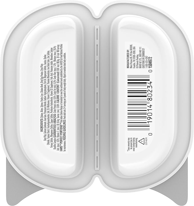 IAMS Perfect Portions Indoor Adult Grain Free Wet Cat Food Pate, Salmon Recipe, 2.6 oz. Easy Peel Twin-Pack Trays (24 Count, 48 Servings)