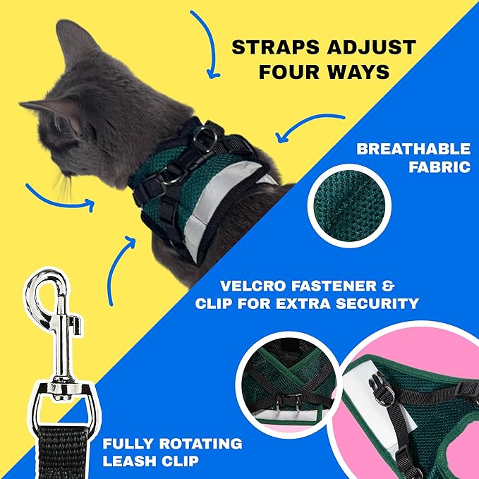 Travel Cat The Emerald Explorer Limited Edition Green Harness and Leash Set - Adjustable Fit Mesh Cat Harness with Reflective Strap - Escape Proof Harness for Cats, Kitten (Large)