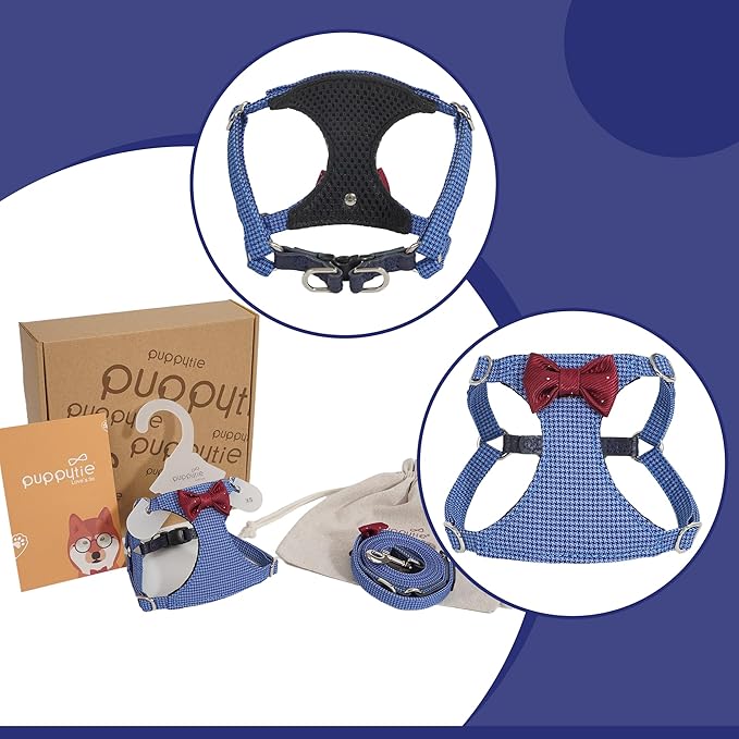 Puppytie No Pull Small Dog Harness with Multifunction Dog Leash,Lightweight Soft Adjustable No Choke Escape Proof Pet Harness Vest Pet Harness Vest,Plaid Blue,S