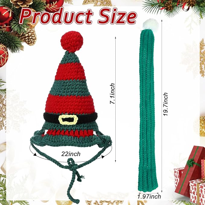 2 Pcs Cat Christmas Costume Cat Santa Hats with Scarf Pet Hat Scarf Set Pet Christmas Outfit Party Costume Supplies for Cats Small Dogs Puppy Accessories(Green,Belt Style)
