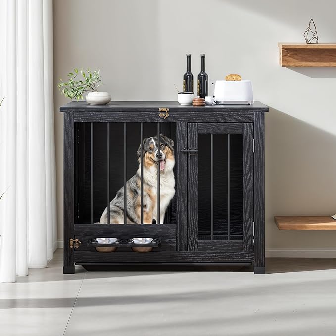 Dog Crate - 31.5" Wooden Dog Cage with Removable Tray & 360° Rotating Feeder | Decorative Dog Kennel Furniture Indoor | Multi-Functional End Table for Medium & Small Dogs | Black Portable Pet Crate