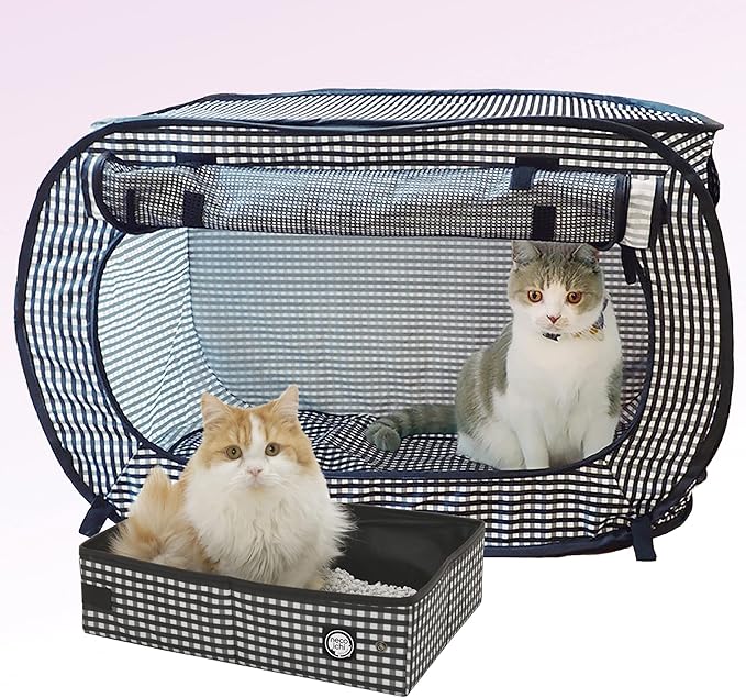Necoichi Stress-Free Enclosure Cat Travel Carrier Cage 31.8" L x 20.0" W x 20.0" H with Litter Box Set Collapsible Gray White Stripes | Pop up Kannel, Crates