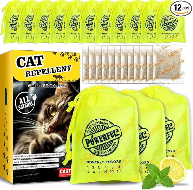 12 Pack Extra Strength Cat Repellent Pouches – Natural Cat Indoor Outdoor Odor Deterrent, Dual-Action Mint & Lemon Formula for Gardens, Furniture