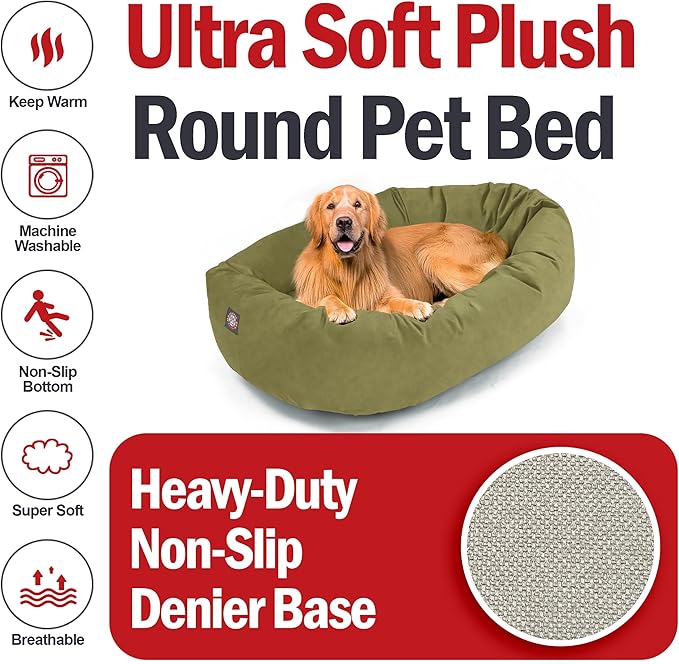 Majestic Pet 40 Inch Suede Shredded Memory Foam Mix Calming Large Dog Bed Washable 40 x 29 x 9 (Inch) - Cozy Soft Round Donut Dog Bed with Spine for Head Support - Pet Bed Sage