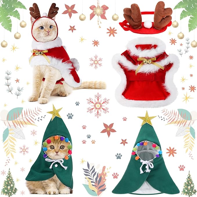 3 Pieces Christmas Pet Costumes Outfit Set Includes Puppy Cat Cloak with Star and Pompoms Kitten Dog Antlers Headband Pet Reindeer Headwear Cat Santa Cape with Bell Pet Costume Accessories (Medium)