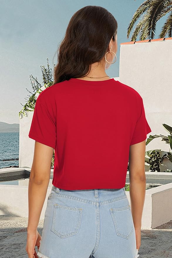 Womens Summer Crop Tops Short Sleeve Round Neck T-Shirts Loose Fit Casual Blouse