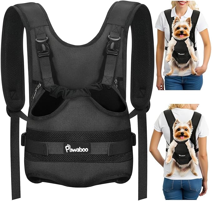 Pawaboo Pet Dog Front Carrier Backpacks, Legs Out Pet Carrier Backpack for Dogs, Adjustable Easy-fit Dog Chest Carriers for Small Medium Dogs Hands Free for Travel Hiking Cycling Camping, S, Black