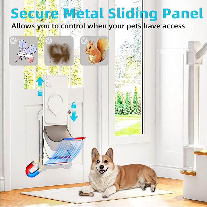 3-Flap Medium Dog Door for Door with Metal Sliding Lock Panel, Energy Efficient Pet Door with Steel Frame, Telescoping Tunnel,Never Rust Ruff Weather Doggie Door （Pets Up to 40 Lb）