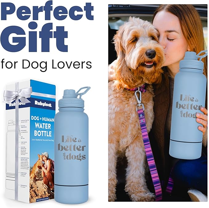 Dog Water Bottle for Dog Lovers - 32 oz Stainless Steel Double Wall Insulated Water Bottle with 8 oz Detachable Bowl - Doggy Lover Gift for Hiking, Walking, Travel - “Life is Better” - Dusty Blue