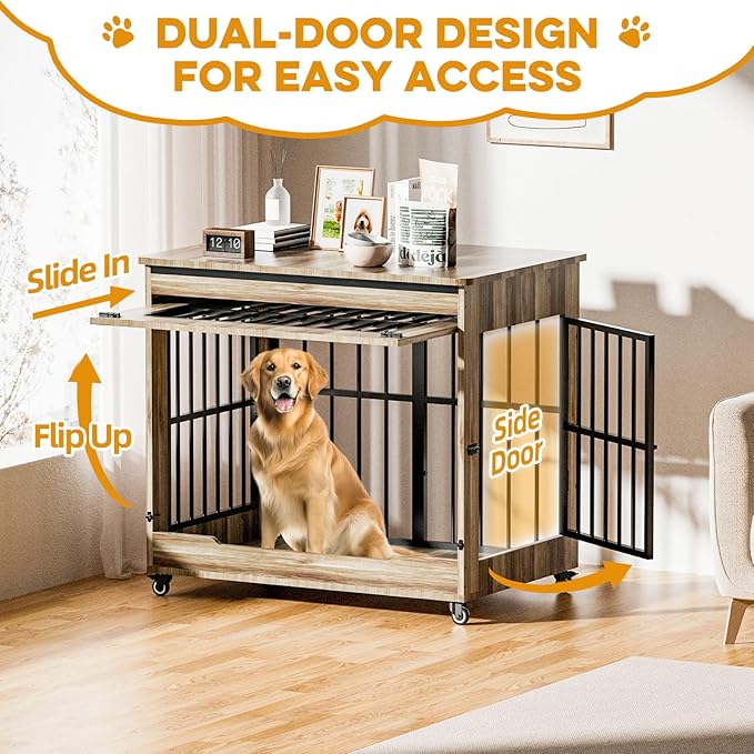 42" Large Dog Crate Furniture, Double Door Wooden Indoor Dog Kennel Furniture, Decorative Pet Cage End Table with Wheels for Large Breed Dogs, Size XL, Rustic Brown