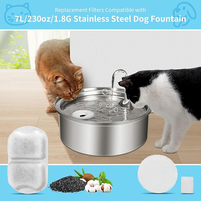 8 Set Dog Fountain Filter Replacement for 7L/230oz/1.8G Stainless Steel Dog Water Dispenser, YOIHABV Cat Fountain Filters, Triple Filtration Pet Water Filter, Replacement Filters and Sponges