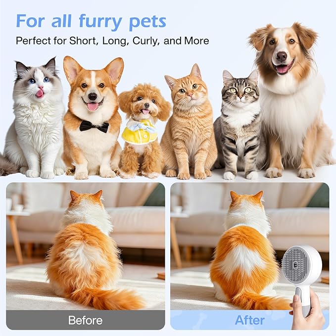 Pet Steam Brush, 3-in-1 Spray Grooming Brush USB Rechargeable, IPX7 Waterproof Deshedding Comb with Self-Cleaning & 2 Speeds for Cats and Dogs with Long Short Hair Cat Brush
