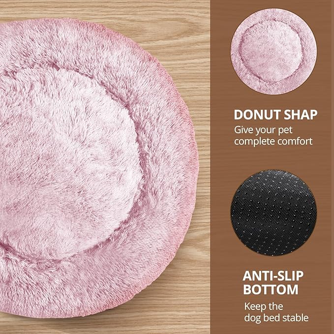 JOLLYVOGUE Medium Calming Dog Bed, Anti-Anxiety Donut Cuddler Cat Bed with Anti-Slip Bottom, Fluffy Faux Fur Machine Washable Pet Cushion for Medium Dog & Cat, 27"/Smoke Pink