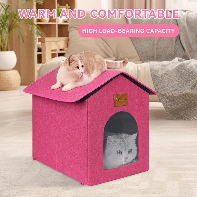 Outdoor Cat House for Shelter Feral Cat, Outside Waterproof Cat House for Outdoor/Indoor Cats, Insulated Cat Bed for All Seasons with Cozy Cushion (Rose Pink, Zip Style)