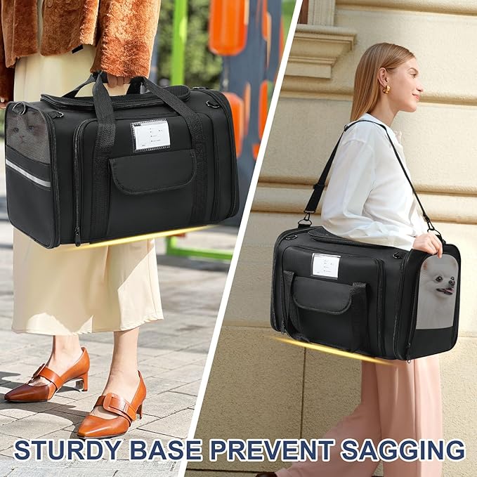 Pet Dog Cat Carrier Soft, Airline Approved Dog Carriers for Small Dogs, Washable Pet Carrier, Large Cat Travel Carriers, Portable TSA Carrier in Cabin, Soft Pet Bag Carrier for Puppy (Black)