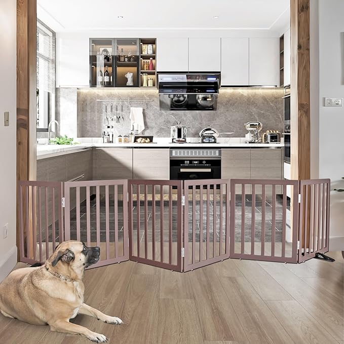 ZJSF Freestanding Indoor Dog Gate for House Foldable Wood Puppy Gate for Doorways Pet Gate for Stairs Extra Wide Pet Fence, Brown, 24" Height 6 Panels