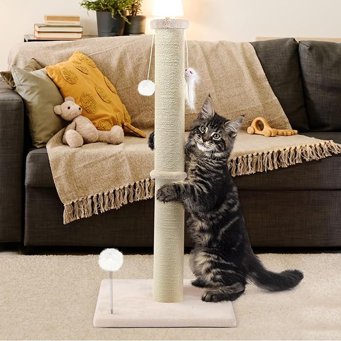 36 Inch Tall Cat Scratching Post – Sisal Cat Scratcher for Indoor Cats, Large Vertical Scratch Post, Sturdy Cat Scratch Pole Tower, Modern Cat Furniture for Kittens & Adults (Beige)