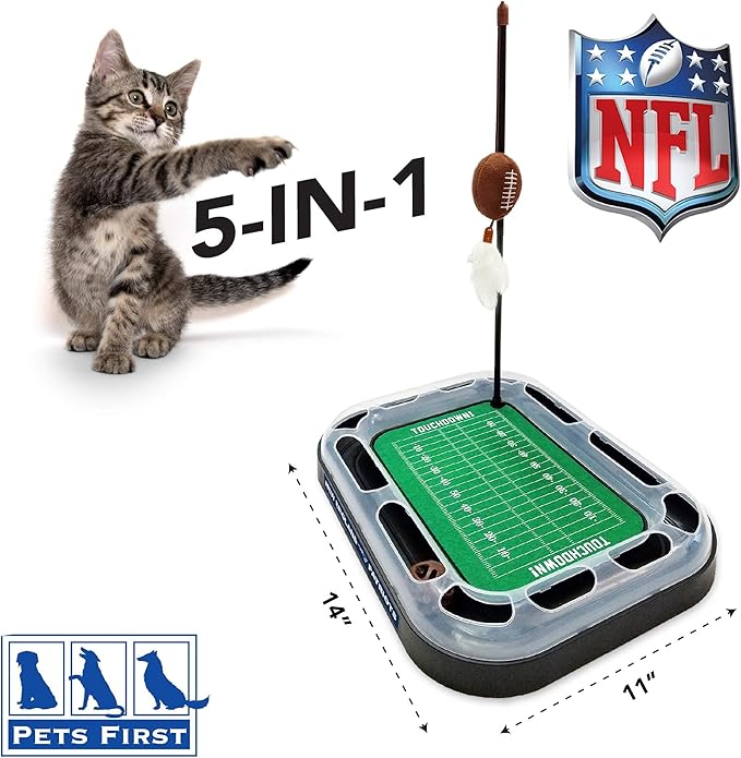 Pets First CAT BALL BELL TOY New England Patriots Football Field CAT Scratcher Toy with Catnip Filled Plush Football Toy&Feather Cat Toy Hanging,&Jingle Bell Interactive Ball Chasing 5-in-1 Kitty Toy