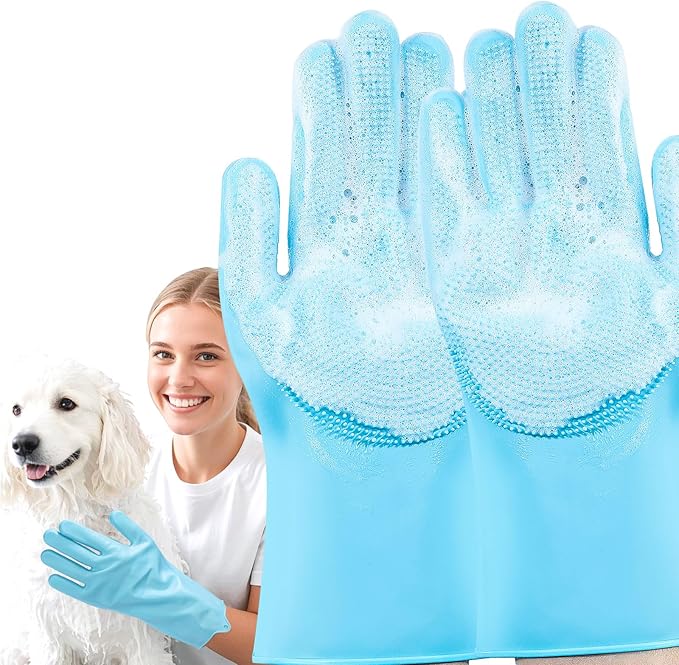 Pet Grooming Gloves, Dog Washing Gloves with Silicone Teeth, Dog Bathing Shampoo Brush, Heat Resistant Five-Finger Design for Bathing, Massaging, Hair Removal, Suitable for Dogs and Cats