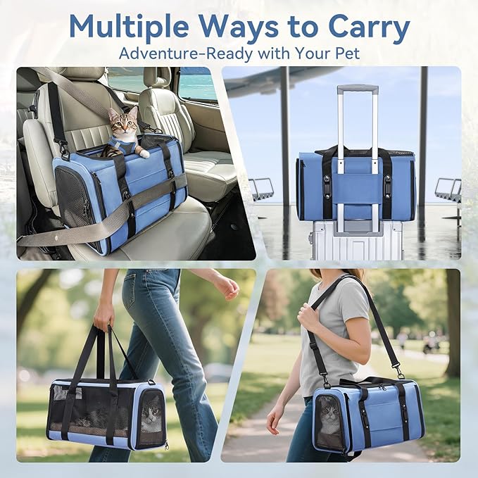 PETSFIT Soft-Sided Cat Carriers & Car Seats with Patent Safe Buckles, Clip-On Harness, 19"x12"x12" Pet Travel Carrier - 20 lbs Capacity (Blue)