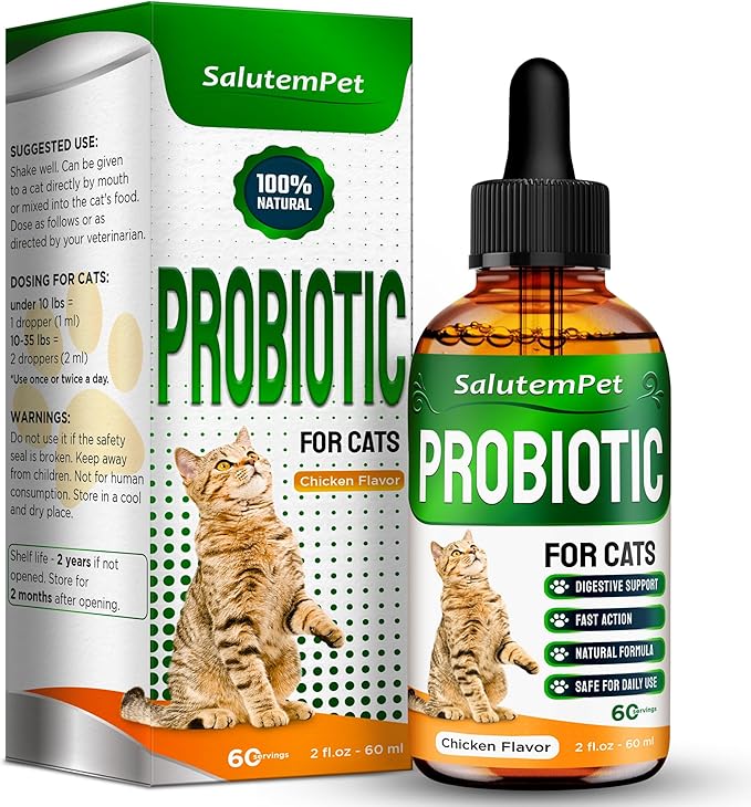 Probiotics for Cats for Digestive Support – Cat Probiotics for Indoor Cats Help with Colic, Upset Stomachs, Diarrhea, Gas, and Bloating – Prebiotics + Pleasant Chicken Flavor Inside – 2 Oz