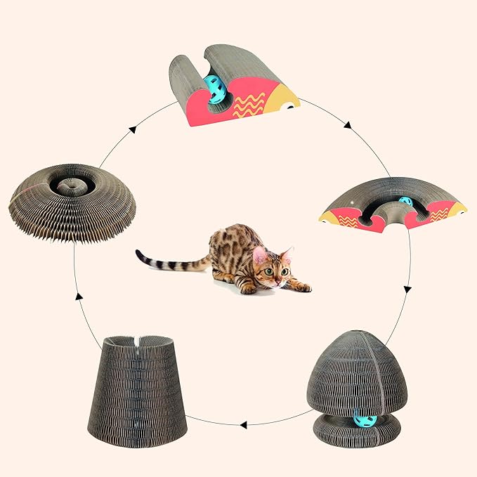 Magic Organ Multiform Scratching Board with Catnip, Foldable Magnetic Assembly Cat Scratch Pad for Outdoor Entertainment, Portable Accordion Cat Scratcher Cardboard with Bell Ball Toy for Indoor Cats