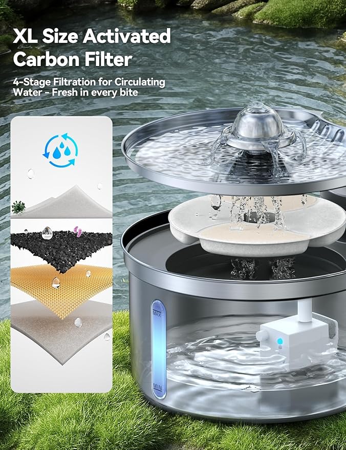 Wireless Stainless Steel Cat Water Fountain- Safe Water-Electric Isolation, 3.5L Capacity with 4000mAh Detachable Battery, XL Filter, Ultra-Quiet Pump, Battery Operated Smart Sensing for Cats & Pets