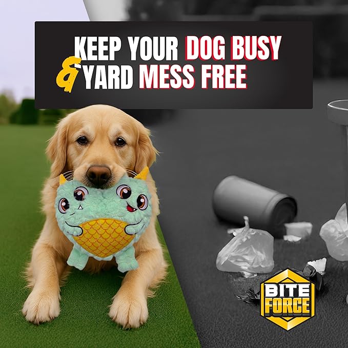 Bite Force - Durable & Strong Dog Toy Blue Two Headed Monster with Squeaker, Kevlar-Reinforced for Aggressive chewers.