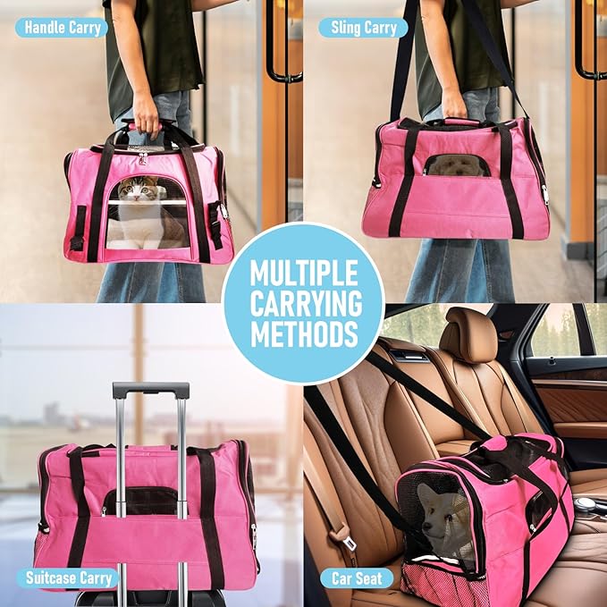 Expandable Cat Carrier for Travel, Soft-Sided Pet Carrier for Cats and Small Dogs, Airline Approved, Comfortable & Breathable Cat Carrying Bag with Adjustable Strap for Daily Use & Airplane(Pink)